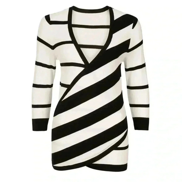 Ricki’s Wrap Front Sweater Deep V Neckline Thin Knit Black & White Stripes XS - Picture 3 of 16